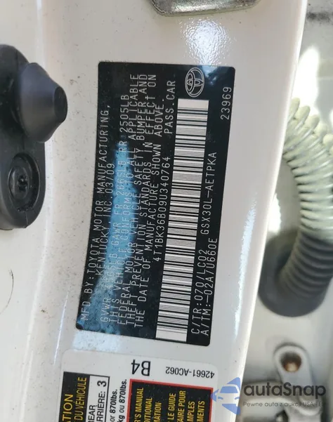 2009 - Toyt - Avalon Xl - White из США, поврежденный, VIN 4T1BK36B09U340764